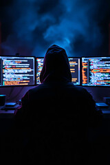 Hacker devant écrans de données