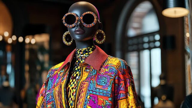 A mannequin showcases vibrant female clothing and large sunglasses in an upscale retail setting during the day