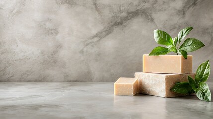 Stacked Soap Bars with Fresh Green Leaves, Natural Background, Product Display