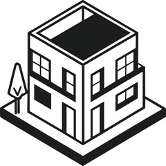 Modern Isometric House Silhouette Vector – Black Two-Story Building Icon with Tree and Roof Terrace
