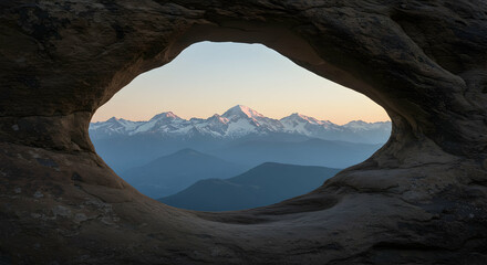 Fototapeta premium Mountains Through Rock Window Natural Arch at Early Morning Light