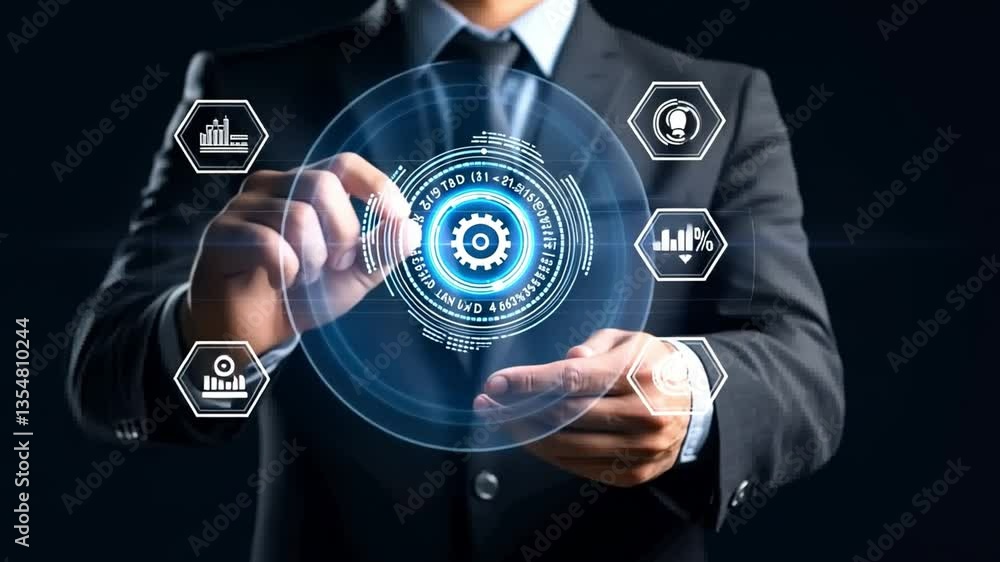 Poster man interacting with digital interface: a sophisticated businessman interacts with a holographic int