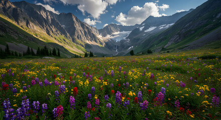 Obraz premium Colorful Wildflower Meadow in Mountain Valley with Distant Glacier View