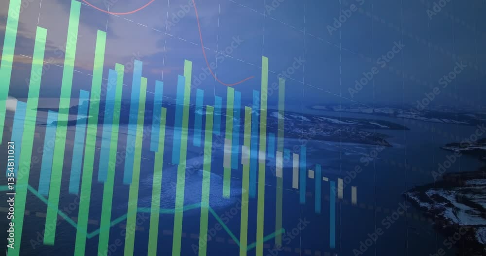 Poster bar and line graphs animation over aerial view of ocean and coastline