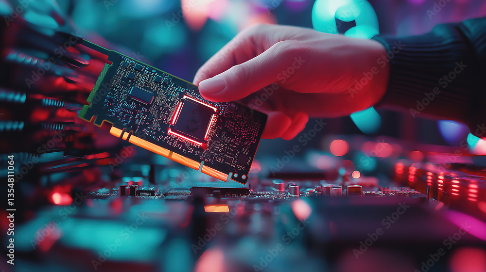 Poster maintenance of personal computer hardware with hand inserting a video card and selective focus