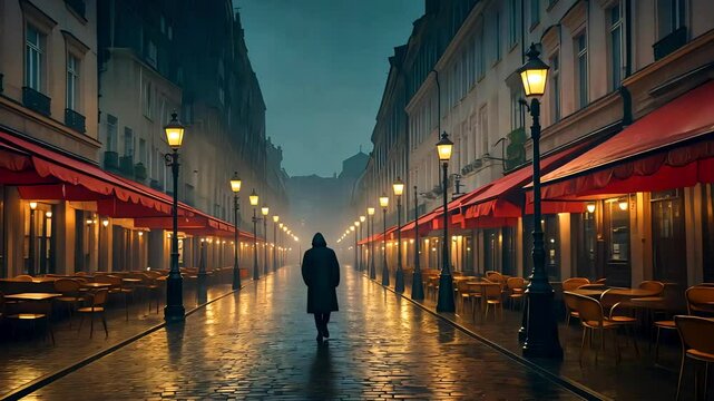 Solitary Person Walking Down Empty Parisian Street at Night
