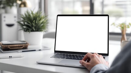 Fototapeta premium Minimalist Workspace with Laptop and Greenery for Productive Remote Work