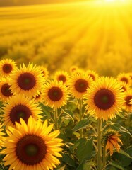 Obraz premium Vibrant sunflowers bathed in golden sunlight, idyllic summer field, sunlight, vibrant colors, sun
