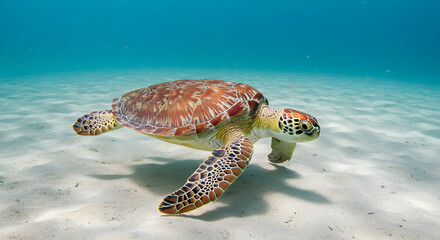Sea Turtle Swimming Gracefully Underwater Over Sandy Ocean Floor