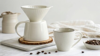 Fototapeta premium Minimalist Coffee Brewing Kit: Ceramic Dripper and Mug for Specialty Coffee Promotions