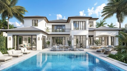 Modern white luxury house with a swimming pool and backyard view