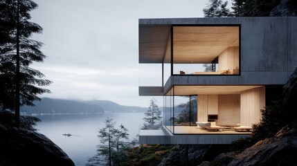Modern minimalist home perched on a cliff overlooking a lake