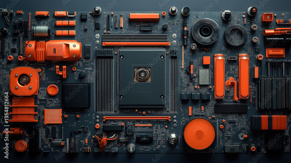 Poster internal drive electronics with colored multi-wire connector and ribbon cables in selective focus