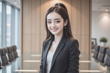 Confident Asian Businesswoman in Office Setting, Corporate Portrait, Professional Attire, Meeting Room, Modern Workplace