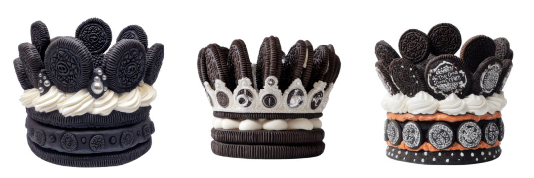  set of a Oreo crown like sculpture adorned  with Oreo isolated a transform background.