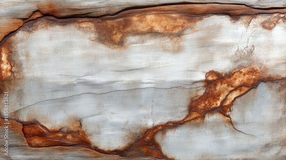 Poster aged zinc surface with rust stains and corrosion, creating an abstract pattern of decay and texture 