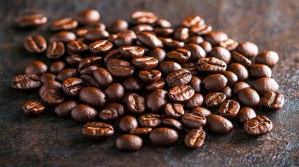 Obraz premium Close-Up View of a Pile of Freshly Roasted Coffee Beans on a Textured Dark Surface Ideal for Coffee Lovers and Culinary Enthusiasts