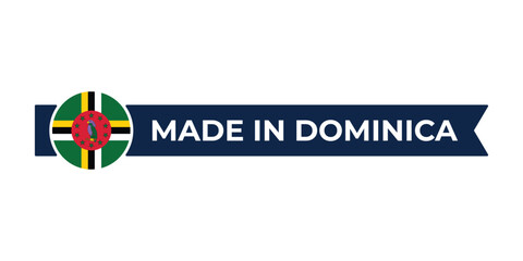 Naklejka premium Made in Dominica label with Dominica flag colors. High-quality certification badge for Dominica products, branding, and manufacturing authenticity