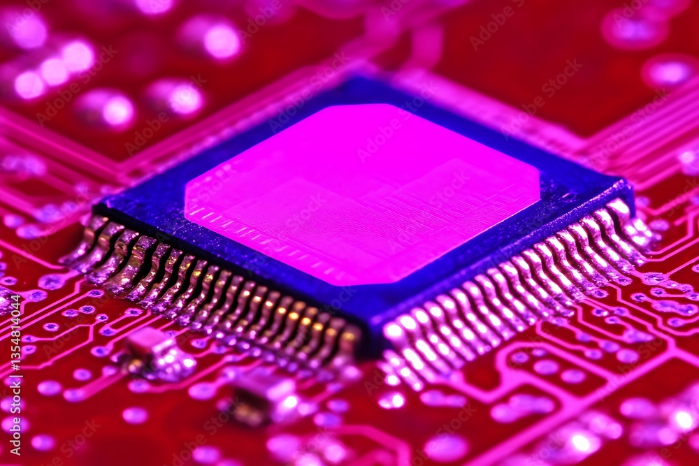 Poster closeup of a computer chip on circuit board in pink and red tones