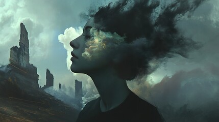 Surreal Woman in a Dreamlike Cityscape of Ruins