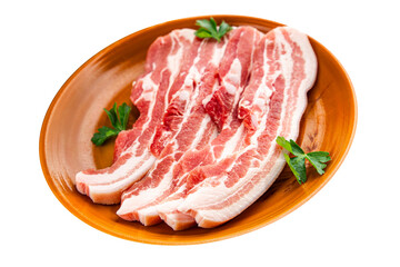 Bacon slices pork meat fresh delicious gourmet food background on the table rustic food top view copy space