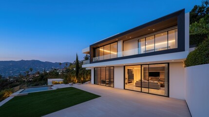 Luxury home and mansion premium, A modern, stylish home with large glass windows, a pool, and a scenic view, illuminated at dusk.