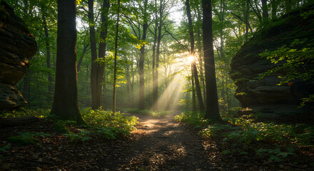 Obraz premium Sunlight Through Forest Trees Illuminating Path Creating Natural Atmosphere