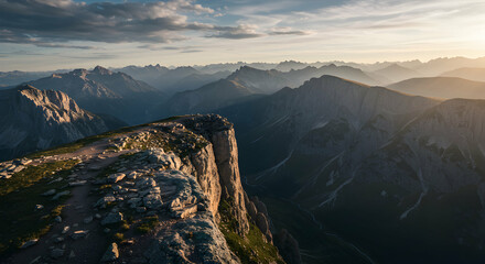 Hiking Cliffside View of Mountain Range During Sunset with Cloudy Sky