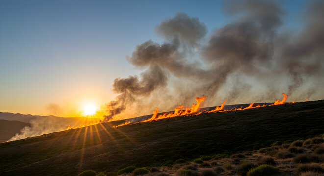 Controlled Burn on Hillside at Sunset with Smoke Plumes Rising