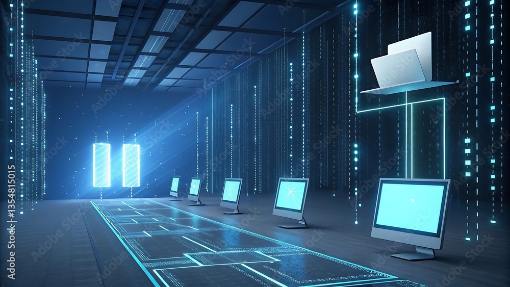 Aufkleber futuristic technology data center with floating laptops and monitors glowing with blue light and lin
