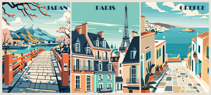 Set of Travel Destination Posters in retro style. Japan, Paris, Greece digital prints. International summer vacation, holidays concept. Vintage vector colorful illustrations.	
