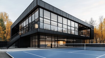Obraz premium Modern black building with glass windows beside a tennis court