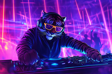 A vibrant nightclub scene featuring a DJ tiger wearing sunglasses, mixing music with colorful lights