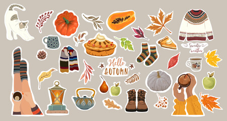 Sheet of Autumn stickers, cute, cozy design elements. Set of fall twigs with leaves, foliage, berries, pumpkins, sweater, socks, tea cup. Colored flat vector illustration isolated