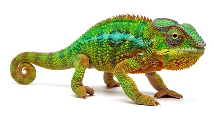 Obraz premium A vibrant chameleon showcases stunning green and orange colors. Its bulging eyes and textured skin highlight the beauty of wildlife, perfect for educational projects.
