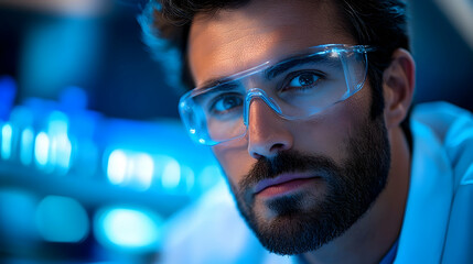 Focused researcher in protective eyewear, engaged in laboratory experiment