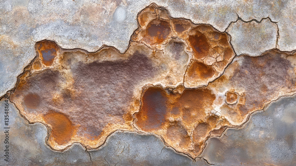 Poster close-up of rust stains on a weathered zinc surface, capturing the abstract decay and corrosion in a