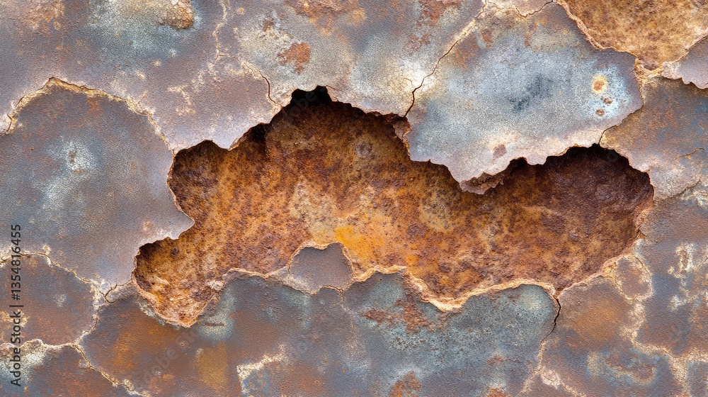 Poster close-up of rust stains on a weathered zinc surface, capturing the abstract decay and corrosion in a