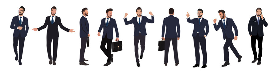 Set of Businessman character in different poses. Handsome man with beard wearing formal suit standing and walking, using phone , front, back and side view. Vector realistic illustration isolated 