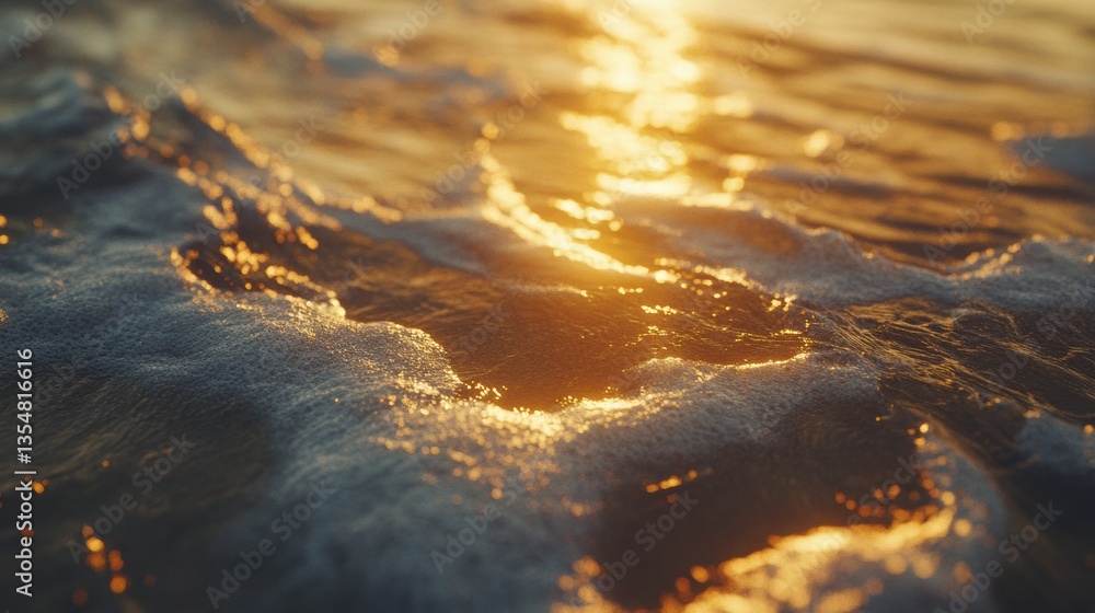 Poster close-up of soft waves lapping the shore under warm golden hour light at the beach generative ai