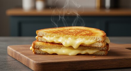 A freshly made grilled cheese sandwich with oozing melted cheese between perfectly toasted bread. Steam rises, making it irresistible to food lovers and culinary enthusiasts.