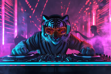 A vibrant party scene featuring a DJ tiger wearing sunglasses, mixing music with energetic dancers in the background