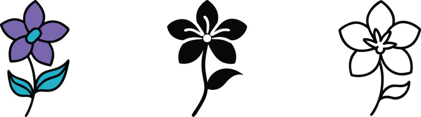 Three stylized flower illustrations purple, black, and white