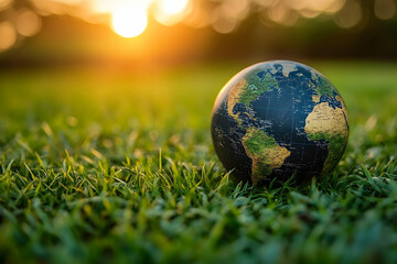 Earth globe nestled in vibrant green grass illuminated by the setting sun