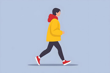 A person in a yellow jacket and red shoes striding purposefully. Simple, minimalist illustration.