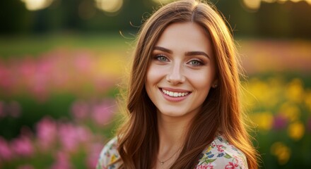 A young woman smiles brightly in a vibrant flower field filled with pink and yellow blooms, radiating positivity and warmth. Perfect for lifestyle and beauty themes.