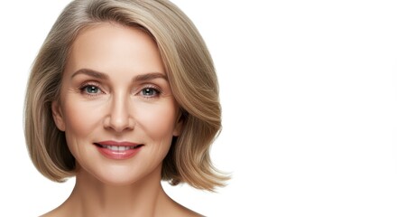 Fototapeta premium A confident middle-aged woman with shoulder-length hair and a warm smile. Her natural makeup radiates positivity, beauty, and sophistication, perfect for wellness or personal branding.