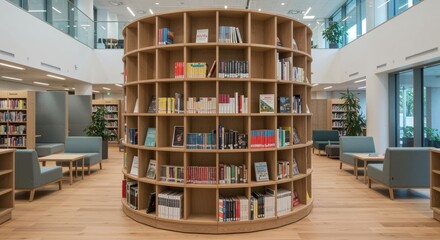 A modern library interior featuring a circular bookshelf filled with diverse books. Comfortable seating areas encourage reading and relaxation, enhanced by natural light.