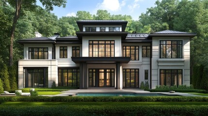 Fototapeta premium A modern two story house surrounded by manicured green trees