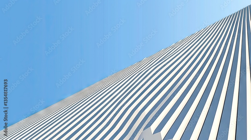 Poster building facade. modern silver wall with vertical lines against a clear blue sky backdrop for archit